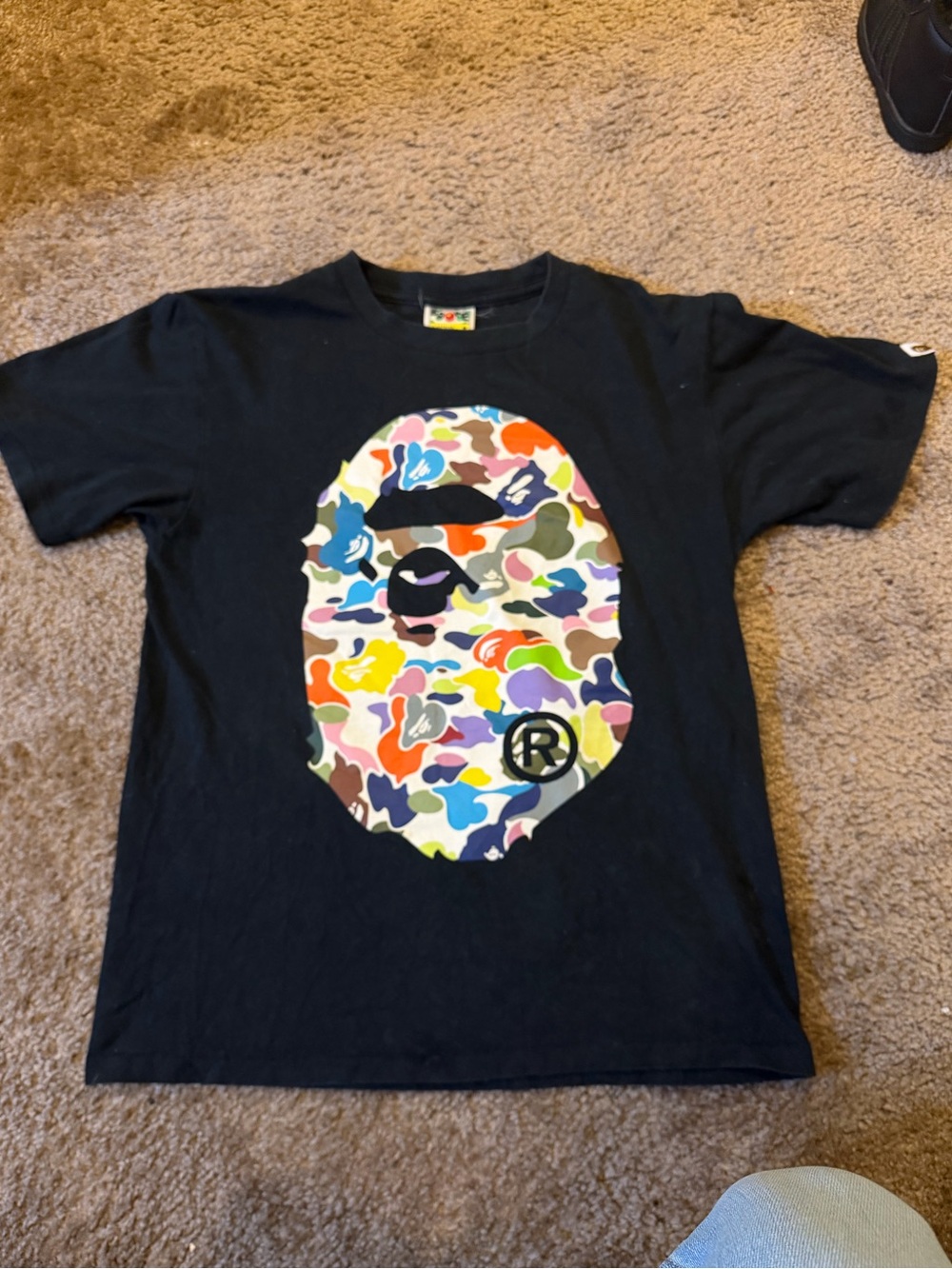 Bape Black Tee with Multicolor Camo Ape Head (Small)